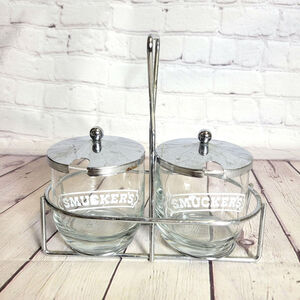 SMUCKER'S Glass Condiment 2 Jars W/ Lids LOGO Silver W/ Caddy Jelly Vintage
